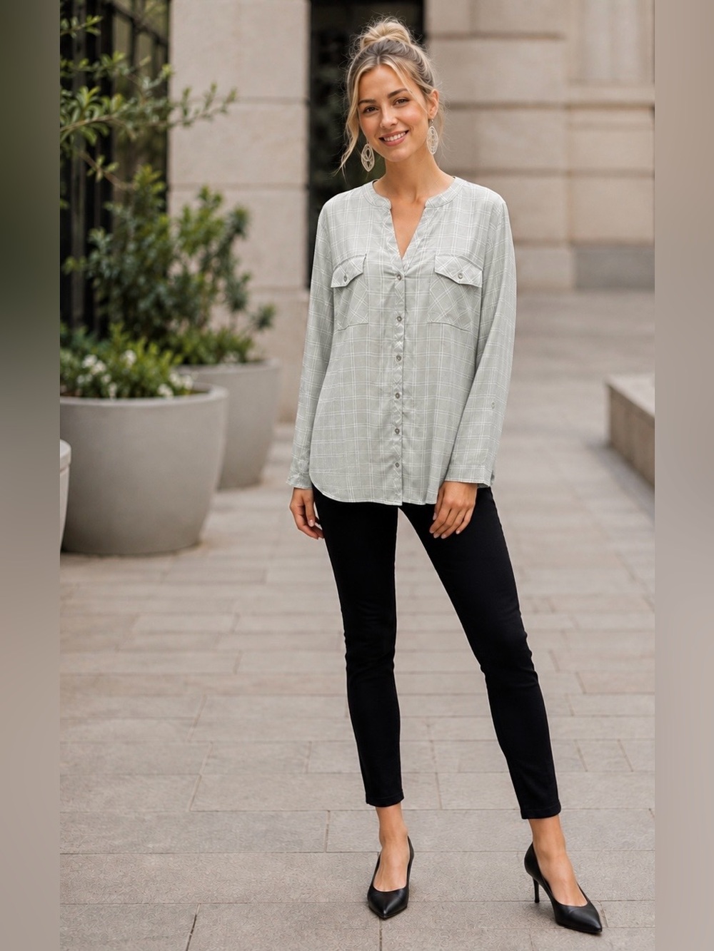 Notations XL Sage Gray Plaid Button Front Pocket Blouse